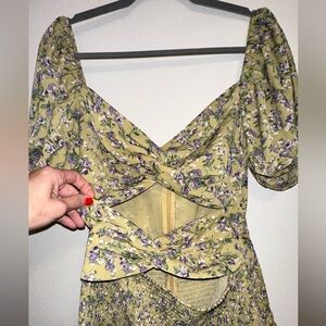 Flowered green and purple Sabo dress with front cut outs. Size large